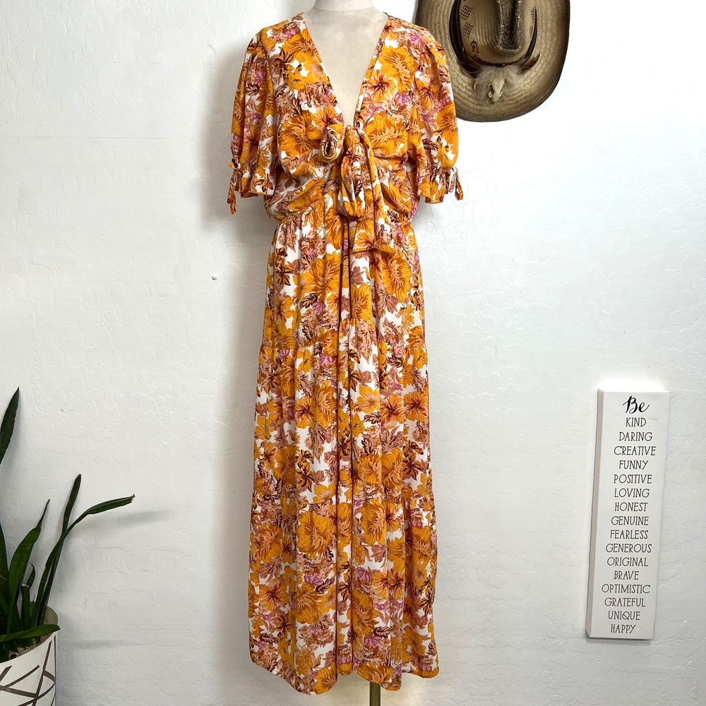 BTFBM Boho Floral Maxi Dress Size XL Tie Front Cutout V-Neck Tiered Ruffle
